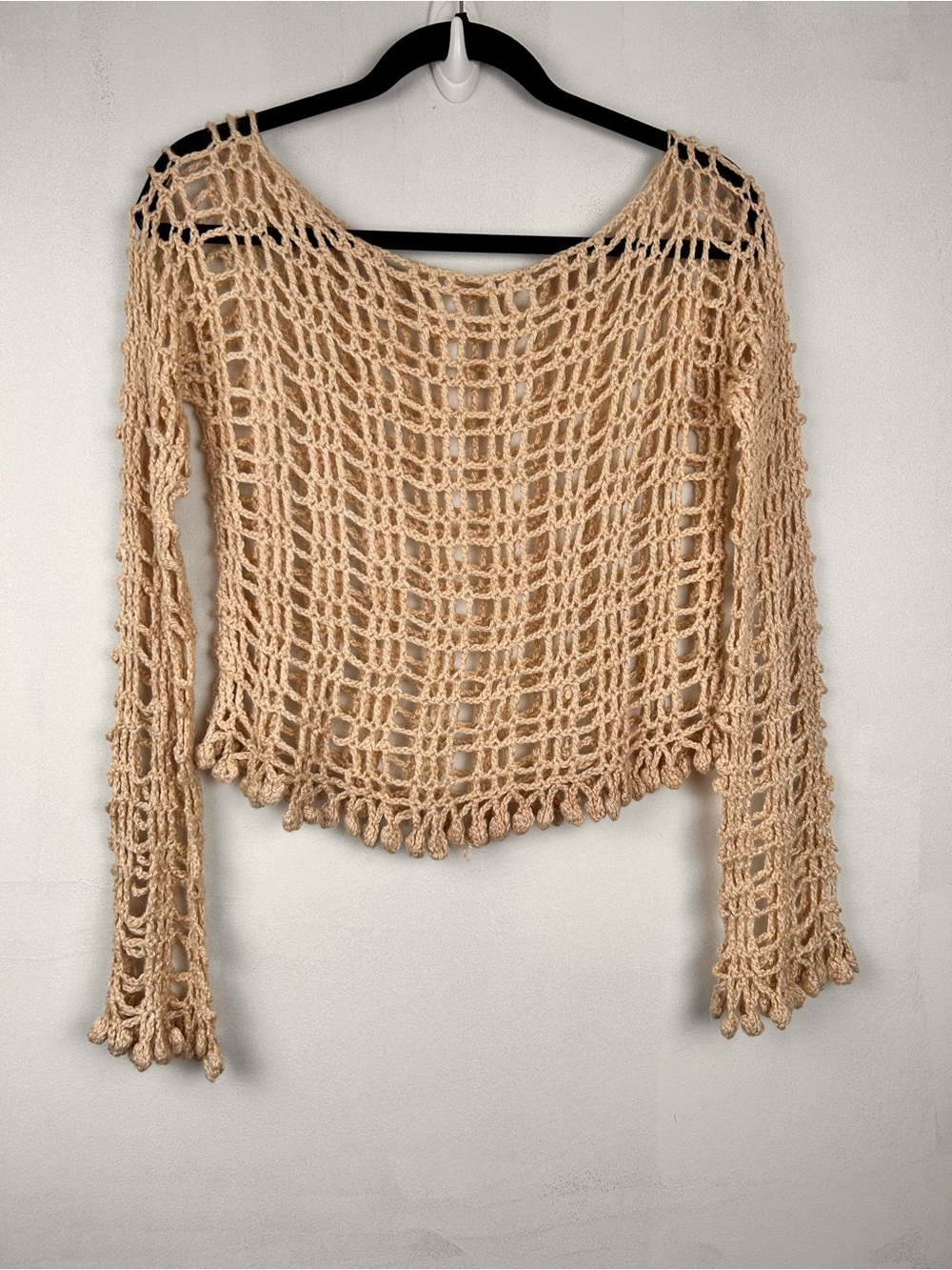 Crochet Open-Weave Beige Knit Top, S, bobbles, Coverup Boho